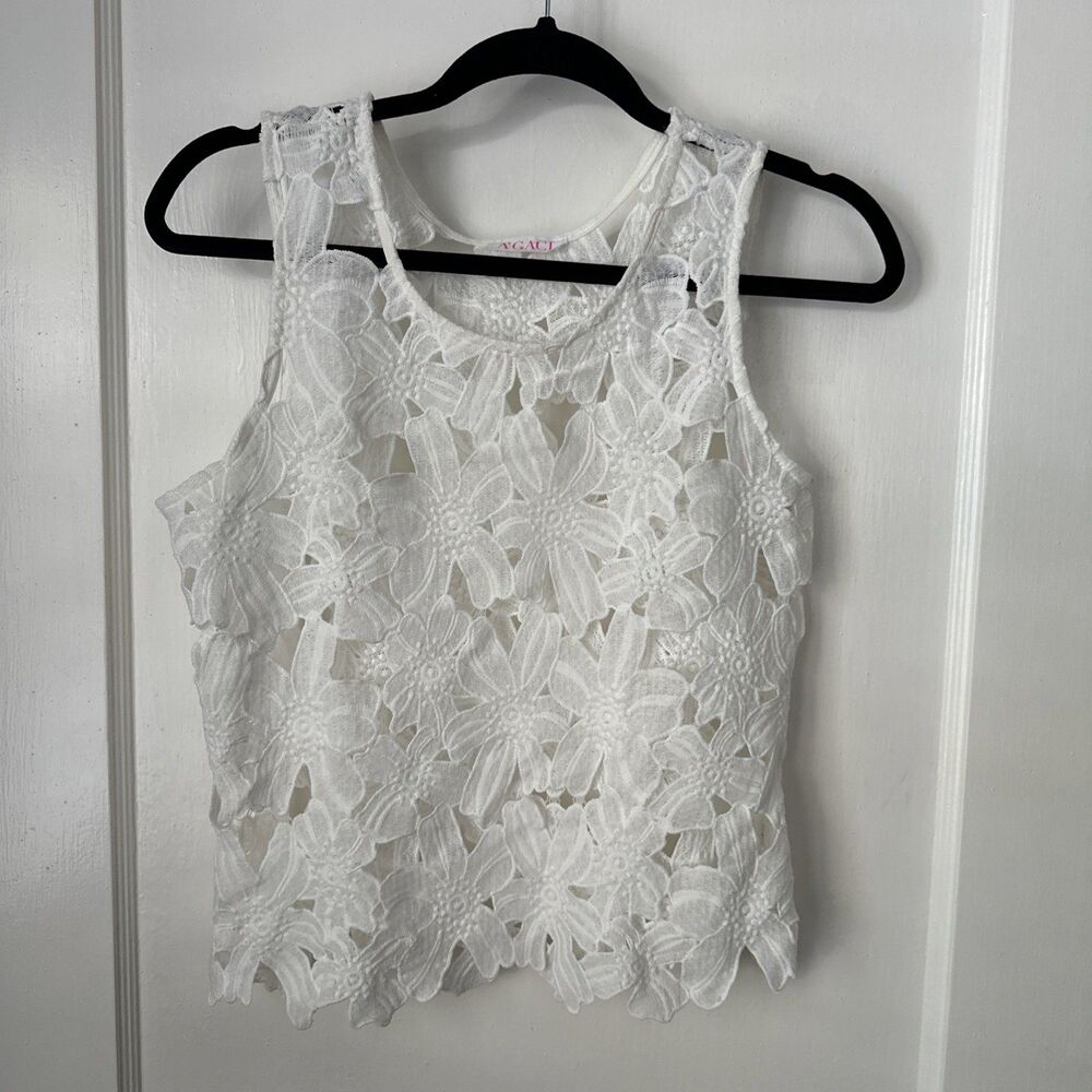 White Floral Lace Sleeveless Crop Top Shirt Womens Large